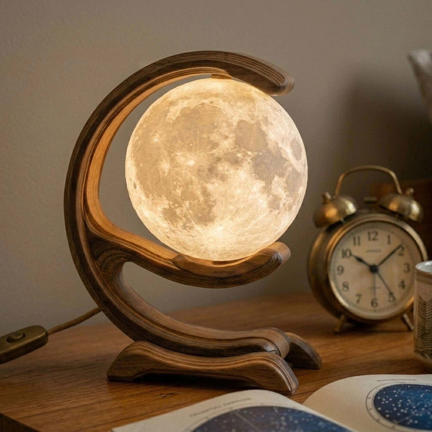 Wooden Moon Phase Table Lamp Lunar Silhouette Decorative Nightstand Lamp