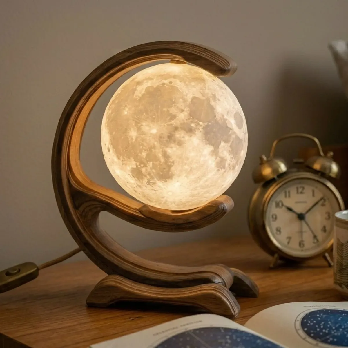 Wooden Moon Phase Table Lamp Lunar Silhouette Decorative Nightstand Lamp