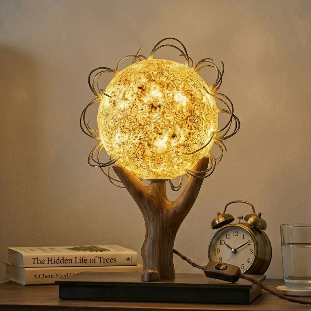 Wooden Sun Ray Table Lamp Solar Celestial Shape Artistic Accent Lighting