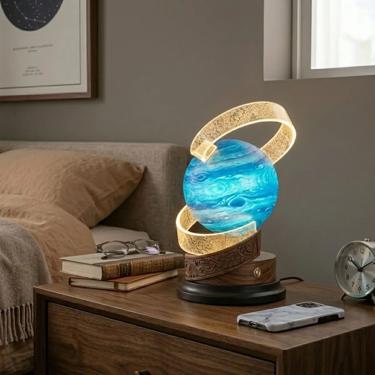 Wooden Neptune Table Lamp Cosmic Planet Silhouette Modern Bedside Lamp