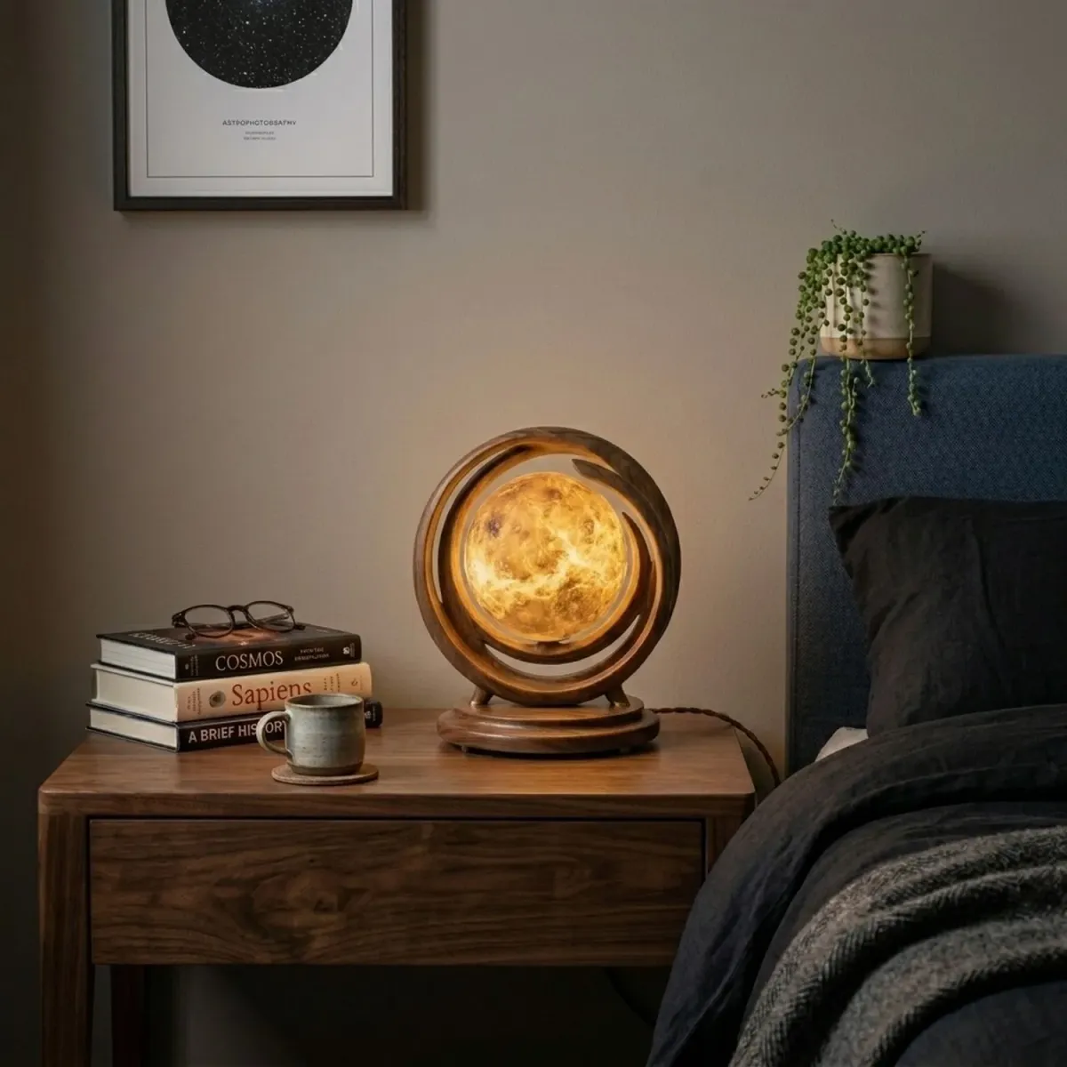 Wooden Venus Table Lamp Elegant Planet Shape Decorative Bedside Lamp