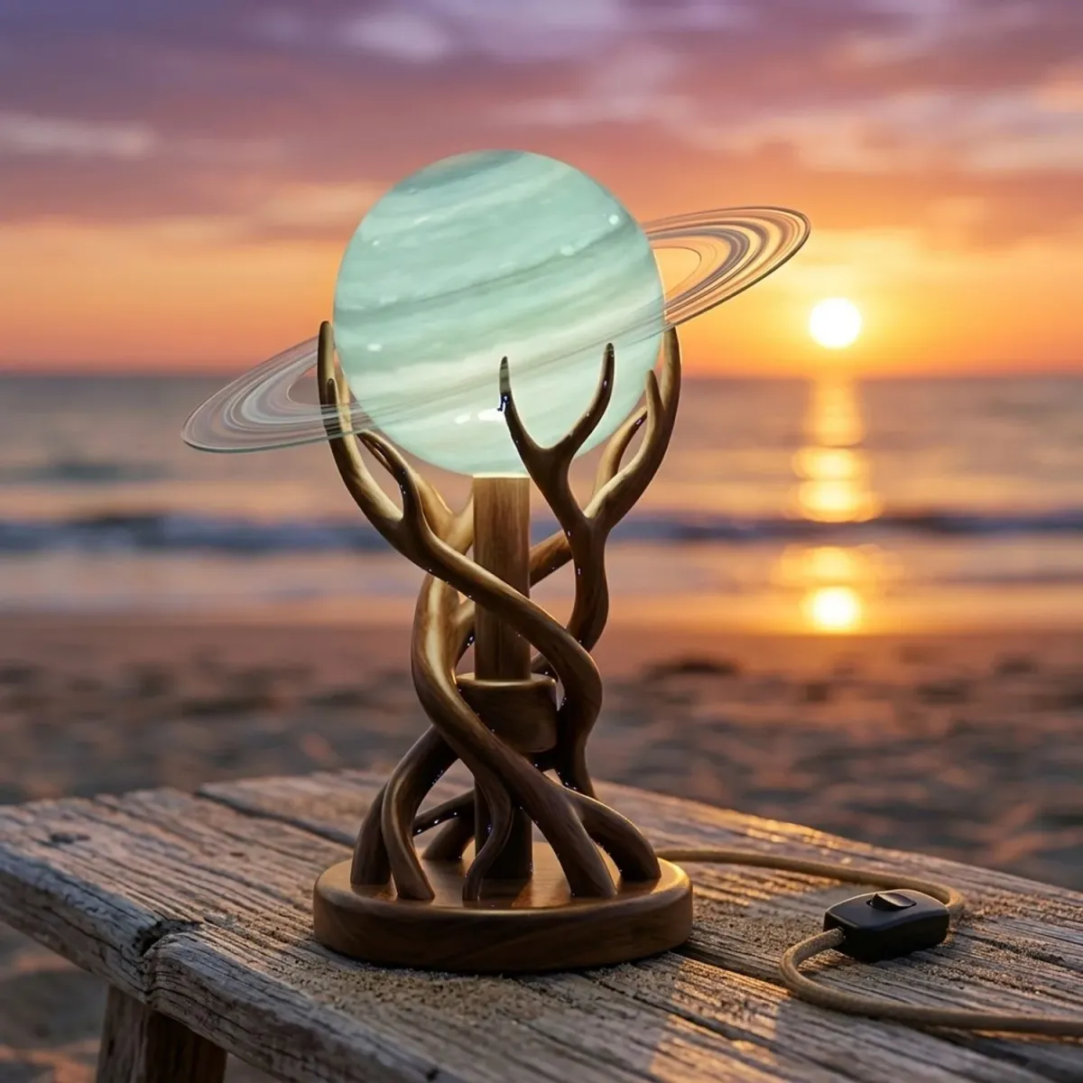 Wooden Uranus Table Lamp Celestial Planet Shape Decorative Accent Lighting