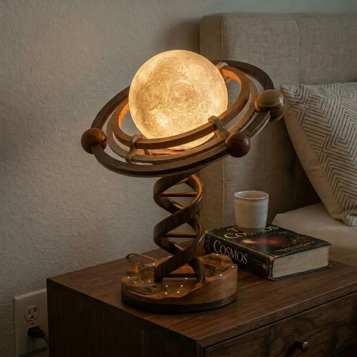 Wooden Mercury Table Lamp Celestial Planet Silhouette Unique Desk Lighting