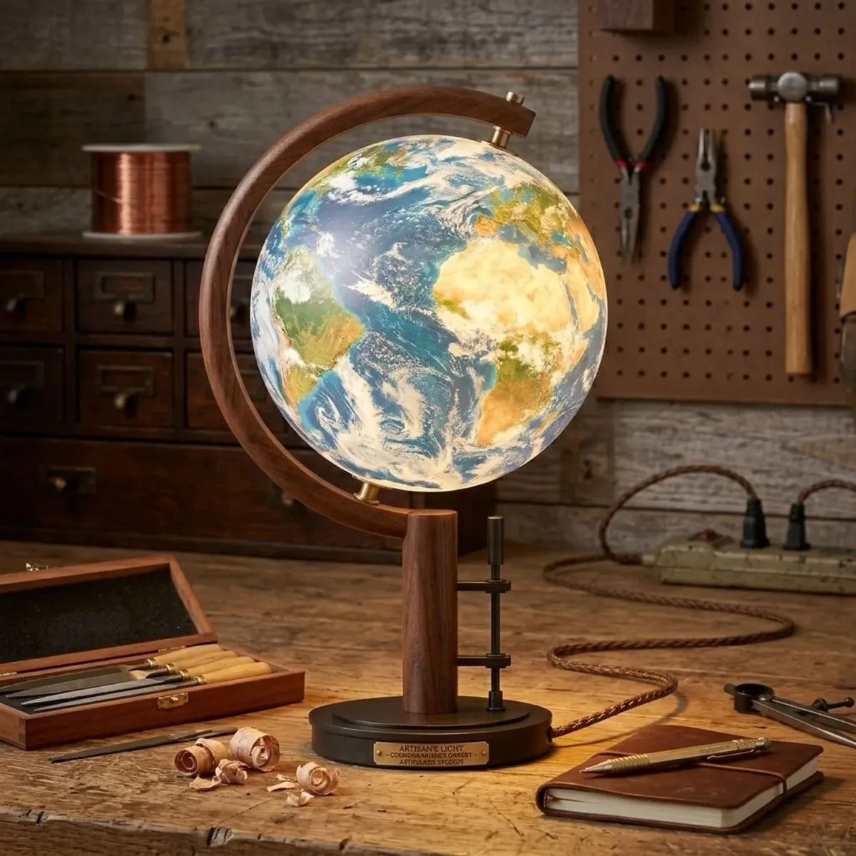 Wooden Earth Table Lamp Globe Inspired Celestial Silhouette Accent Lighting